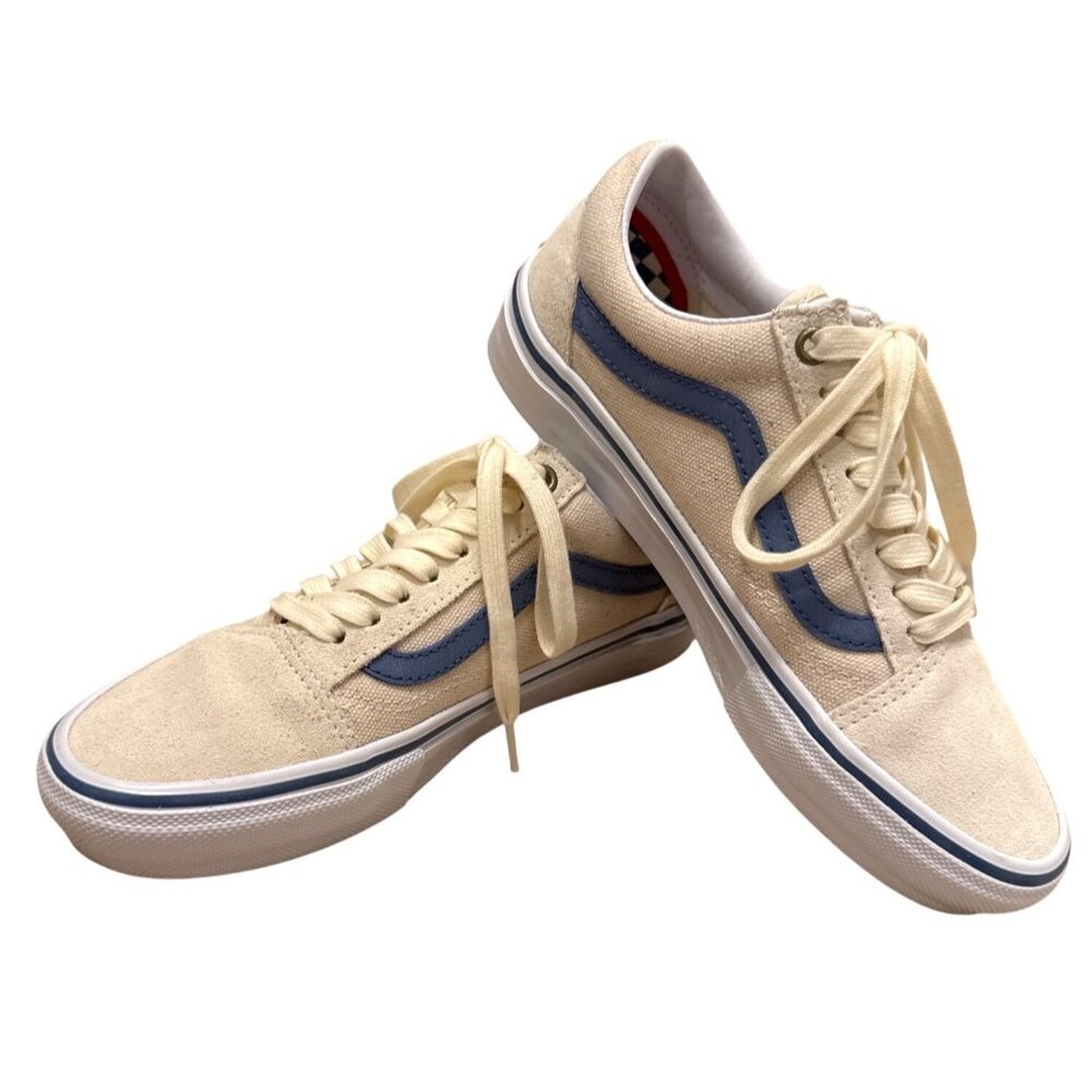 Vans‎ Cush Pop Old Skool Skate Shoes Cream Blue Stripe Mens 6.5 Suede & Canvas